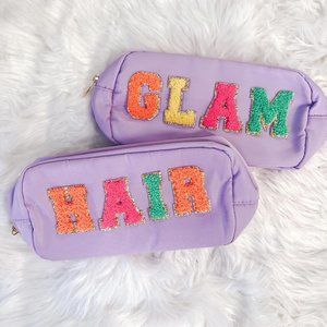 Chenille Letter Cosmetic Bag- Neon and Lilac Combo